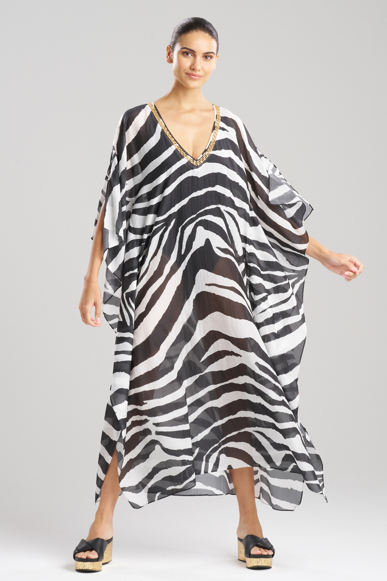 Zebra Cotton Silk Beaded Sheer Caftan | Natori