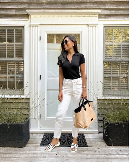 Kat Jamieson wears a classic neutral outfit including a black Toccin shirt, white RE/done jeans, and Khaite handbag. Summer outfit, neutral style, casual style, white denim, tote.

#LTKSeasonal #LTKitbag #LTKstyletip
