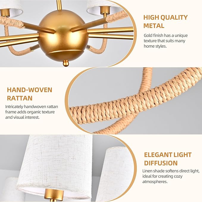 39" Gold Boho Fabric Chandelier for Living Room 8-Light Large Coastal Boho Pendant Light Fixture ... | Amazon (US)