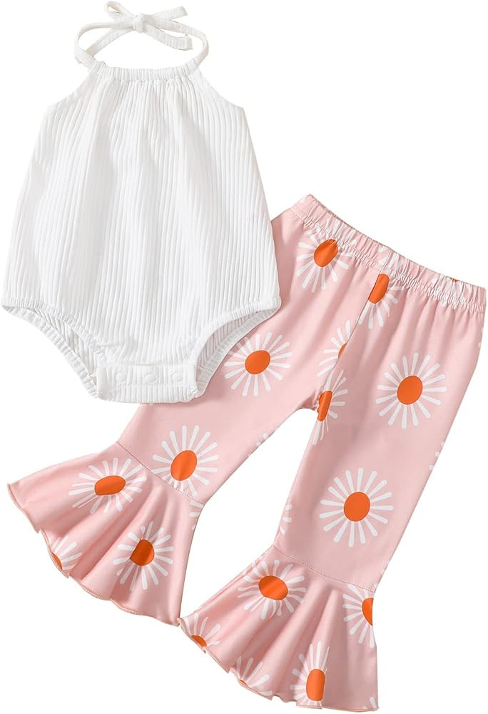 ADXSUN Newborn Baby Girl Summer Clothes Ribbed Romper+Striped/Floral/Cow Flared Pants Infant Outi... | Amazon (US)