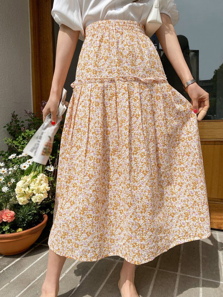 DAZY Ditsy Floral Pleated Detail High Waist Skirt | SHEIN