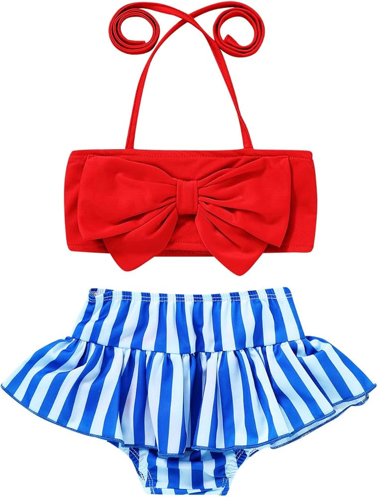 JEELLIGULAR Toddler Baby Girl Swimwear Bowknot Stripe Swimsuit Bathing Suit 2Pcs Bikini Set Outfits  | Amazon (US)