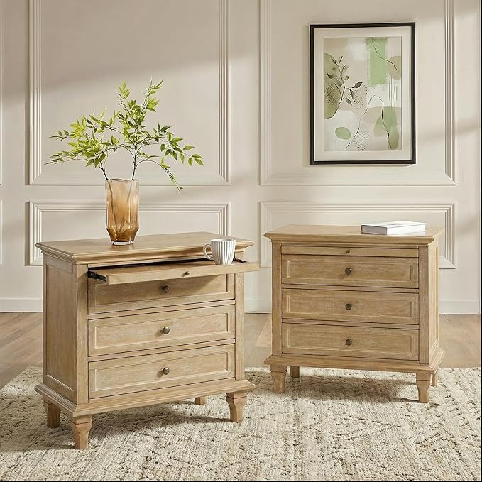 HULALA HOME Farmhouse 3 Drawer End Table with Tray, Drawer Organizer with Solid Wood Legs, End Ta... | Amazon (US)