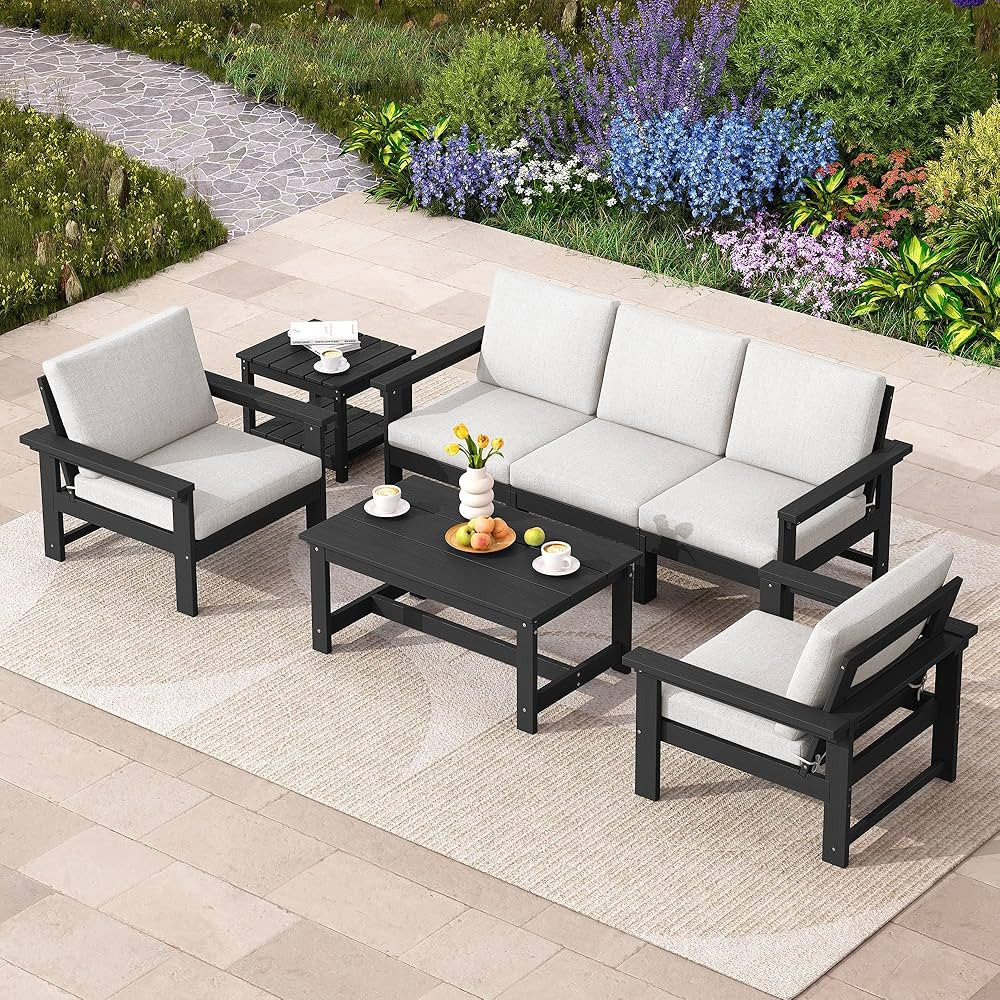 SERWALL HDPE Patio Coversation Set, 7-Piece Outdoor Sectional Sofa Set, All Weather Patio Couch S... | Amazon (US)