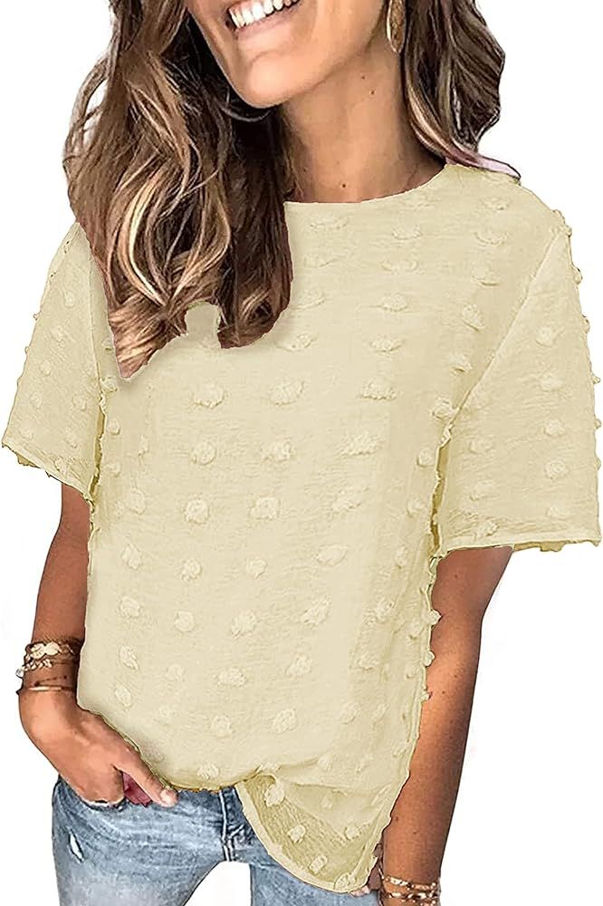 BTFBM Women's Cute Swiss Dot Casual Summer Tops Crewneck Short Sleeve Chiffon Blouses Solid Color... | Amazon (US)