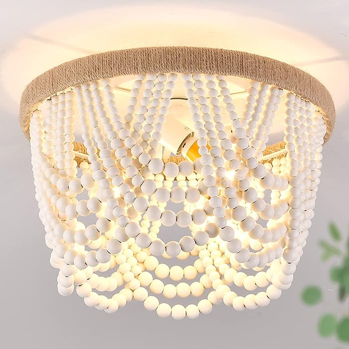 Capslpad Wood Beaded Flush Mount Ceiling Light Antique Rustic Mini Chandelier 3-Light White Boho ... | Amazon (US)