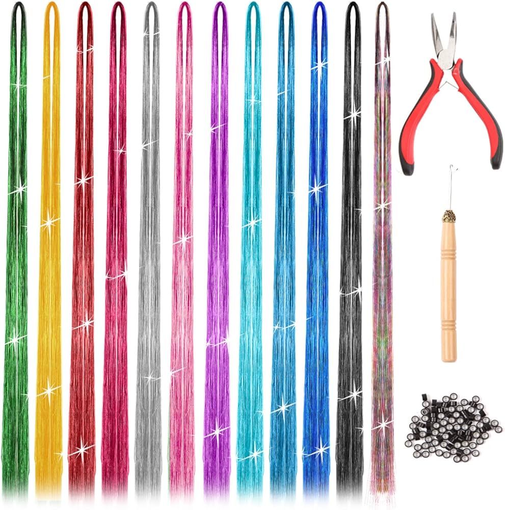 Hair Tinsel Kit Hair Extensions with Tool 47 Inches 12 Colors 2400 Strands Glitter Fairy Hair Tin... | Amazon (US)
