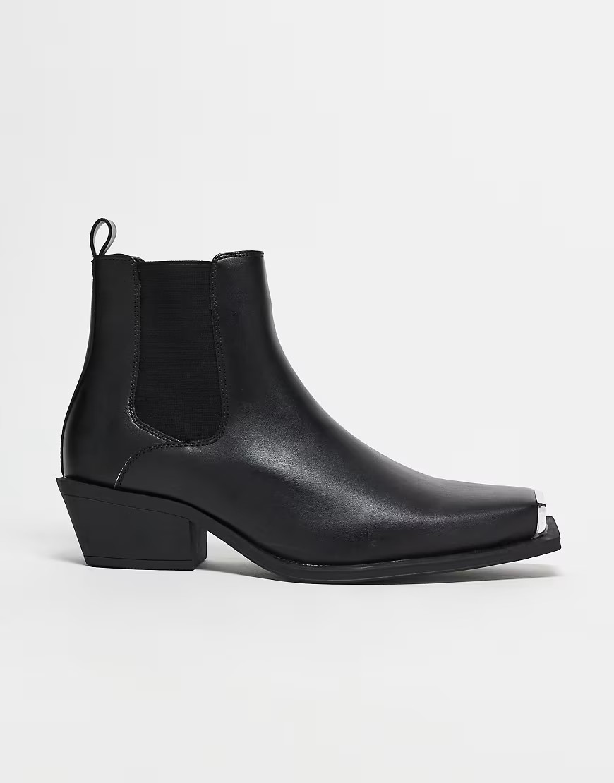 ASOS DESIGN cuban heel western chelsea boots in black faux leather with silver toe cap | ASOS (Global)
