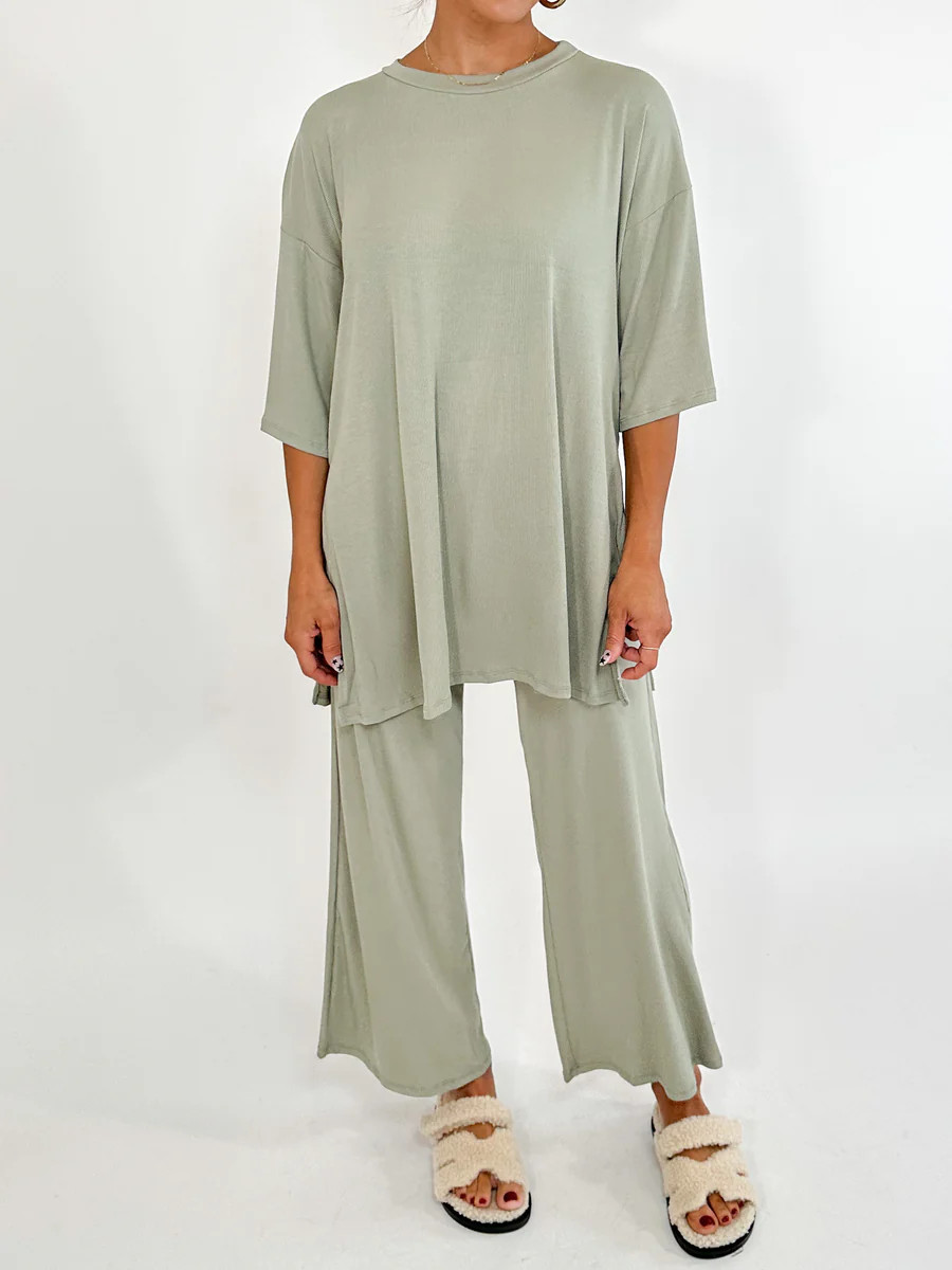 Nova Ribbed Crop Wide-Leg Pant Set | Sage | +Plus Available | Talulah