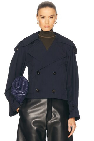 Bottega Veneta Cropped Trench Coat in Midnight Blue - Navy. Size 40 (also in 36, 38). | FWRD 