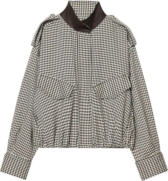 Xunger Women’s Plaid Bomber Jacket High Neck Color Block Coat Casual Long Sleeve Streetwear Out... | Amazon (US)