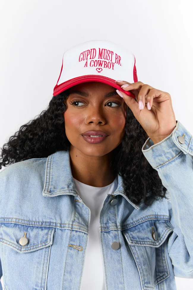 Cupid Must Be A Cowboy Red and White Trucker Hat FINAL SALE | Pink Lily