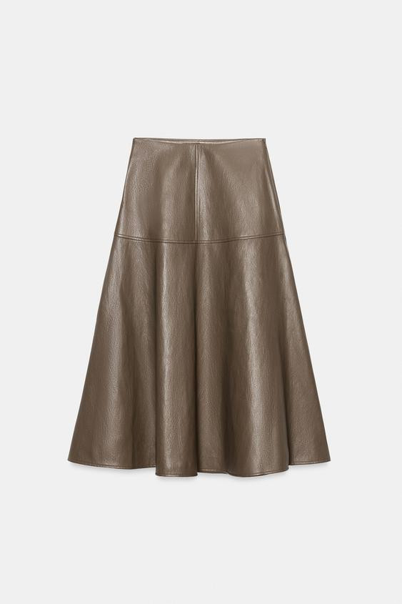Zara - Faux Leather-Effect Midi A-Line Skirt - Burgundy - M - Woman | Zara US
