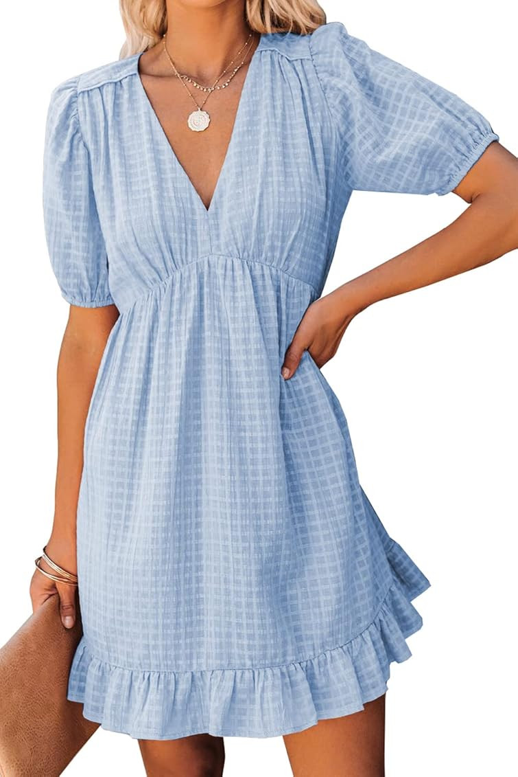 Sidefeel Womens Backless V Neck Solid Color Short Sleeve Ruffle Dress | Amazon (US)