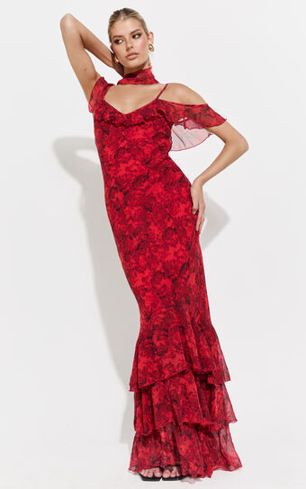 Riley Maxi Dress - Asymmetric Ruffle Detail Maxi Dress in Red Rose Print | Showpo (US, UK & Europe)