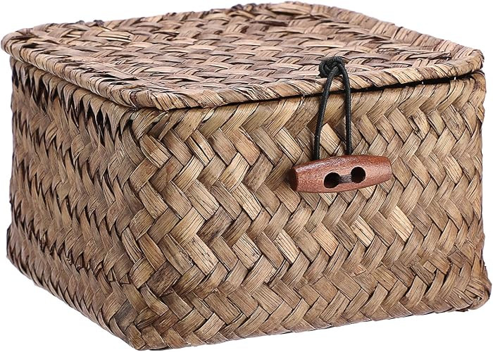 Wicker Basket with Lid Natural Seagrass Storage Box,4.7x 4.7x2.7" | Amazon (US)