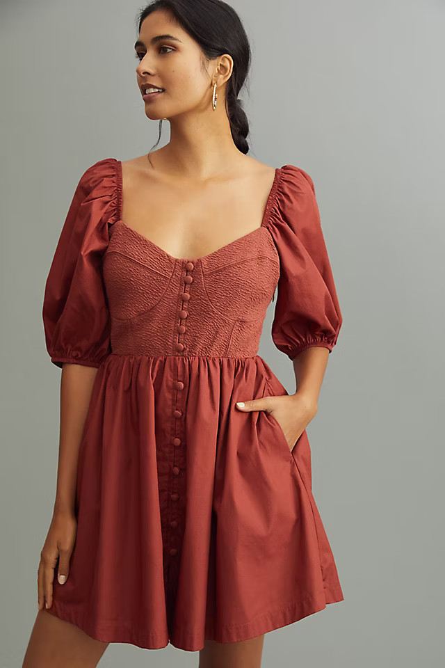 Maeve Puff-Sleeved Sweetheart Mini Dress | Anthropologie (US)