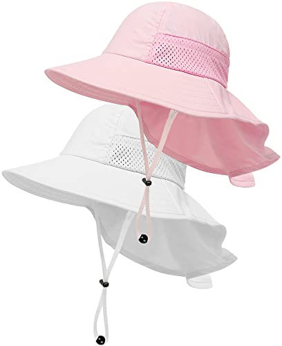 2-Pack Toddler Baby Sun Hat Summer UPF 50+ Protection for Boys Girls Kids Adjustable Beach Hats with Bucket Wide Brim Age 1-7 Years Outdoor(Medium,Pink + White) | Amazon (US)