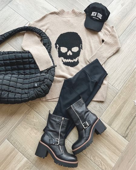 Halloweenish vibes , skull super soft cozy sweater on sale!! 
Black casual Halloween inspo
Sz med in sweater, small leggings, boots tts

Follow my shop @liveloveblank 

#LTKHalloween #LTKshoecrush #LTKstyletip