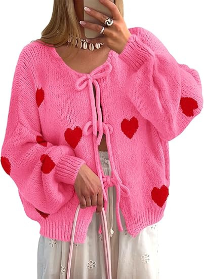 Saodimallsu Womens Tie Front Cardigan Sweaters Cute Bow Puff Long Sleeve 2025 Fall Loose Ribbed K... | Amazon (US)