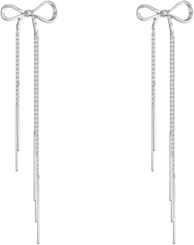 Chic Bow Knot Threader Dangle Stud Earrings Butterfly Knot Tassel Long Chain Dangling Charm Drop ... | Amazon (US)