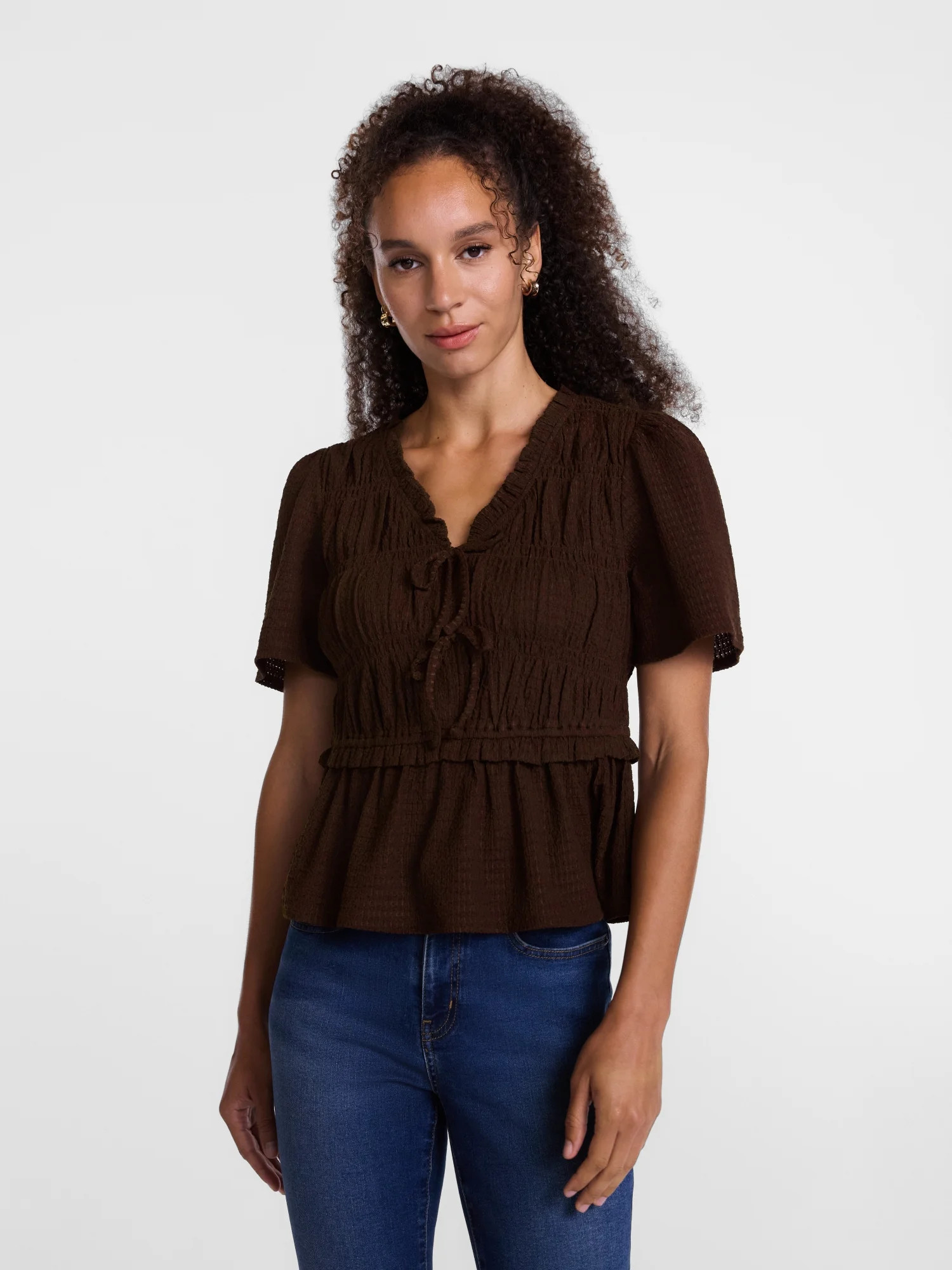 Scenario Women's and Women's Plus Textured Tie Front Top, Sizes XS-4X | Walmart (US)