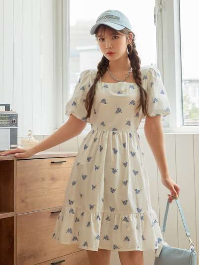 DAZY Allover Floral Print Ruffle Hem Puff Sleeve Dress | SHEIN