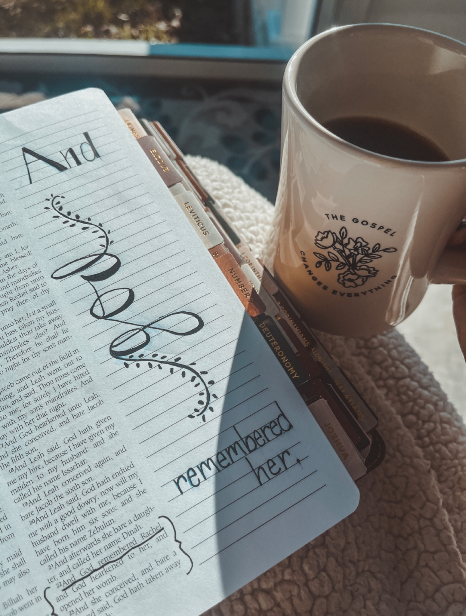 My favorite coffee cup & Bible tabs 🤍