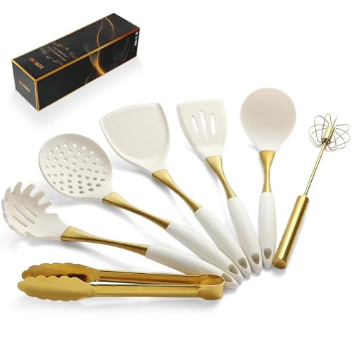 Elegant White Gold Silicone Cooking Utensils Set - Non-Toxic, Dishwasher Safe Kitchen Utensils Set with Heat Resistant Comfort Handles - Includes Spatula & Spoon for Nonstick Cookware | Amazon (US)