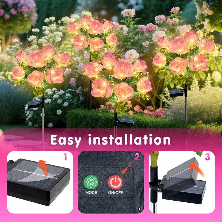 Qoosea Solar Garden Lights, Upgraded Solar Flower Lights Outdoor Waterproof, 7 Pink Rose Outside ... | Walmart (US)