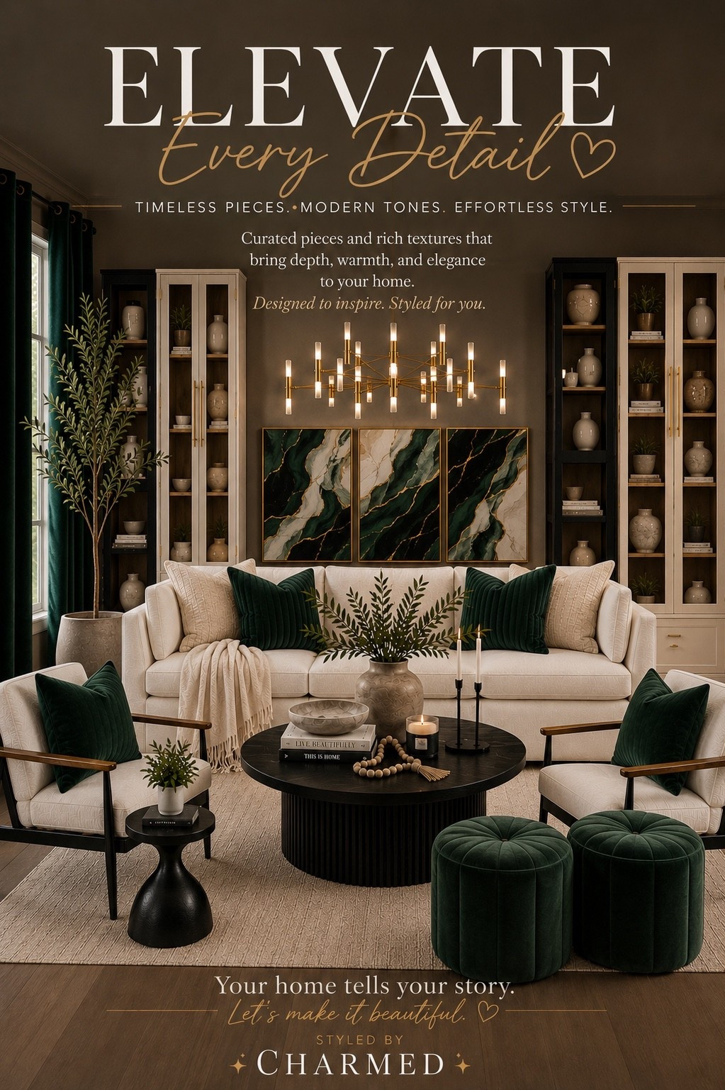 This room proves that bold color can still feel calm.

Deep emerald tones, warm neutrals, rich textures, and layered details came together to create a space that feels elevated, cozy, and intentional. Every piece was chosen to work together—from the velvet accents to the artwork, lighting, and soft textiles.

Your home tells your story. Let’s make it beautiful.

#LTKHome #LTKOver40 #LTKmomlife