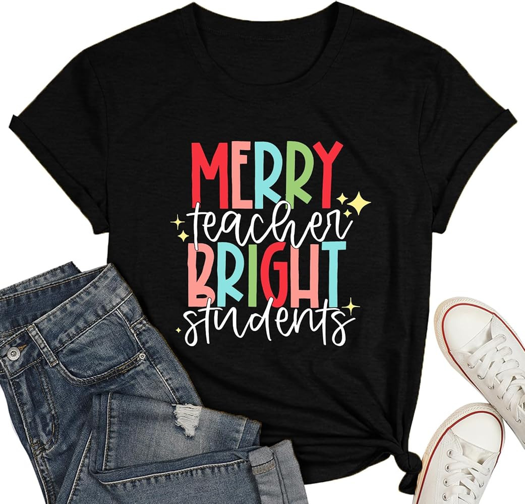 Merry Teacher Bright Students Christmas Shirts Funny Xmas Tshirt Teachers Gift Tee Tops | Amazon (US)