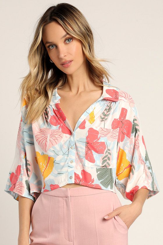 Blissful Getaway Peach Multi Floral Print Button-Up Crop Top | Lulus (US)
