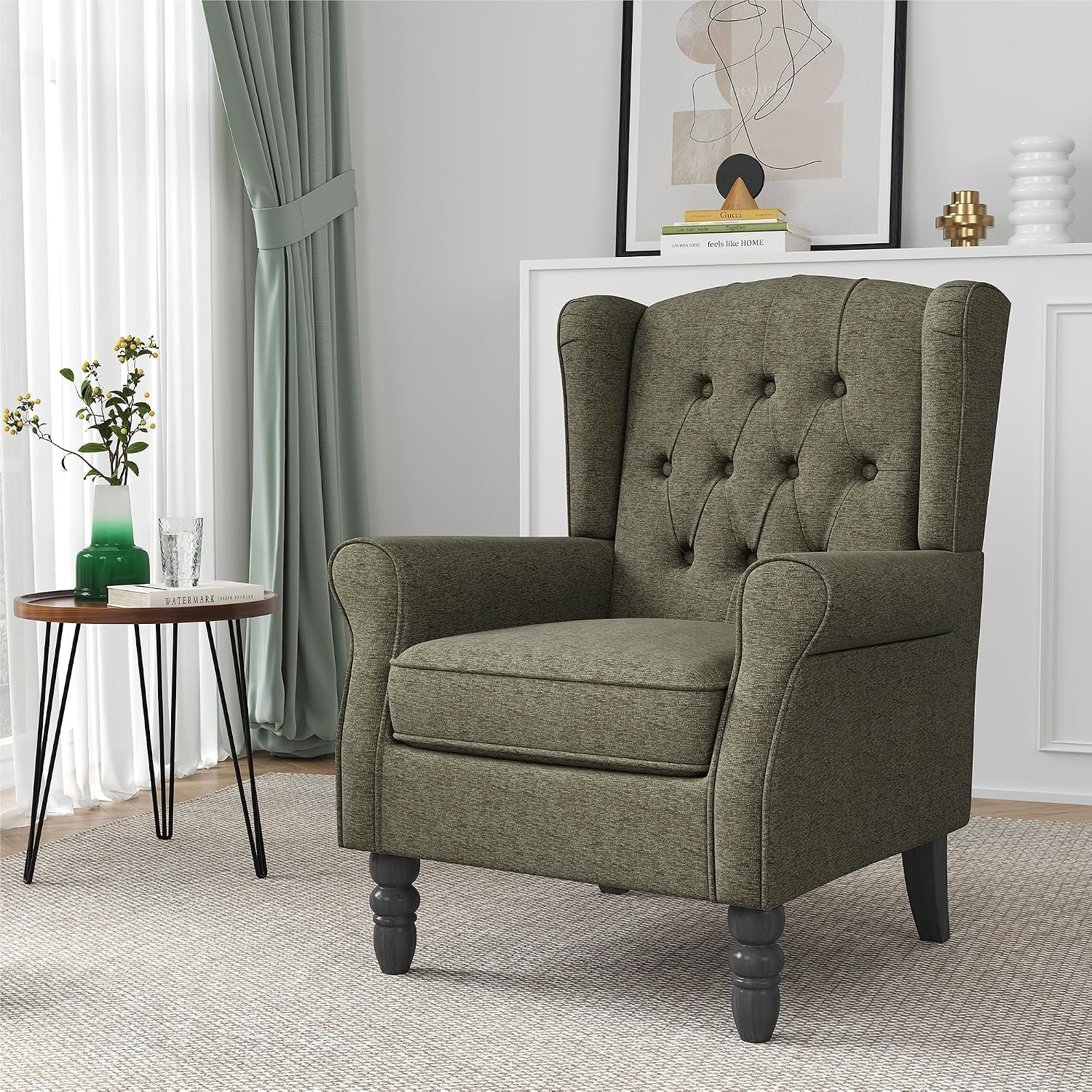 High Back Accent Chair, Tufted Wingback Chair for Living Room, Green | Amazon (US)