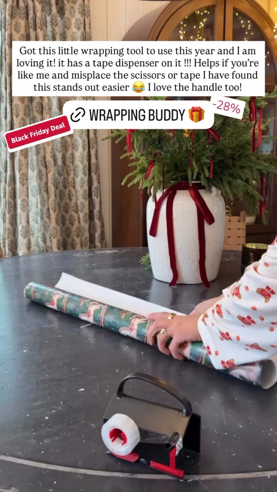 Got this little wrapping tool to use this year and I am loving it! it has a tape dispenser on it !!! Helps if you’re like me and misplace the scissors or tape I have found this stands out easier 😂 I love the handle too!