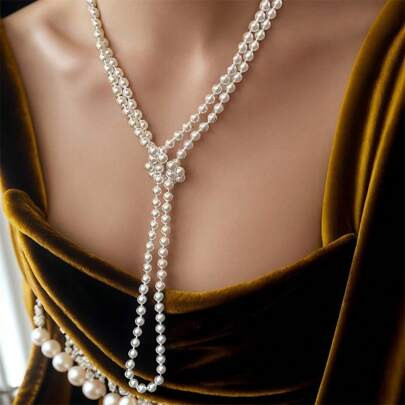 Gelaagde nepparelketting voor dames, 150 cm lang, vintage stijl truiketting, voor bruiloft en feest | SHEIN