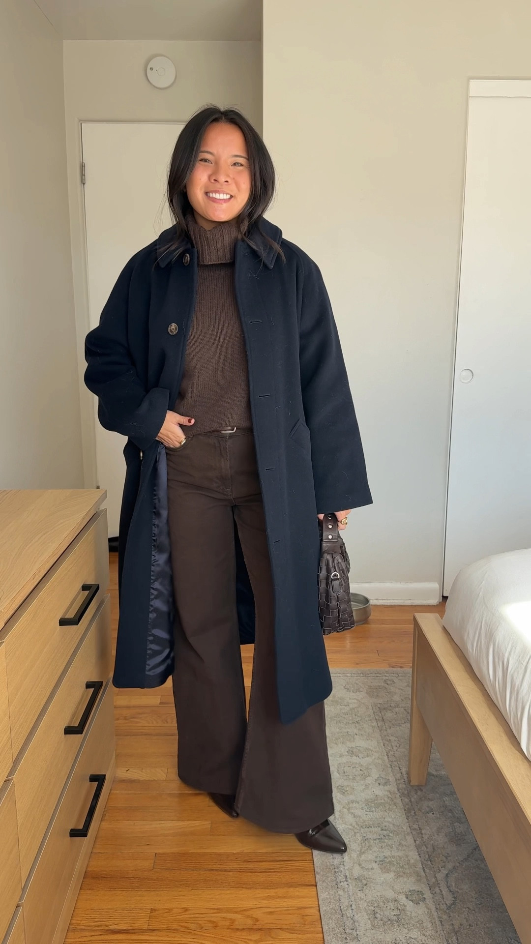 Coat: size 4
Jeans: size 6
Sweater: size small