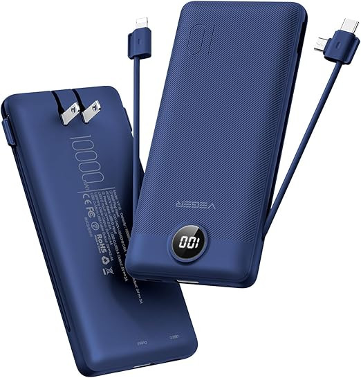 VEGER Portable Charger with Built-in AC Plug and Cables, All in One 10000mAh Ultra Slim Power Ban... | Amazon (US)