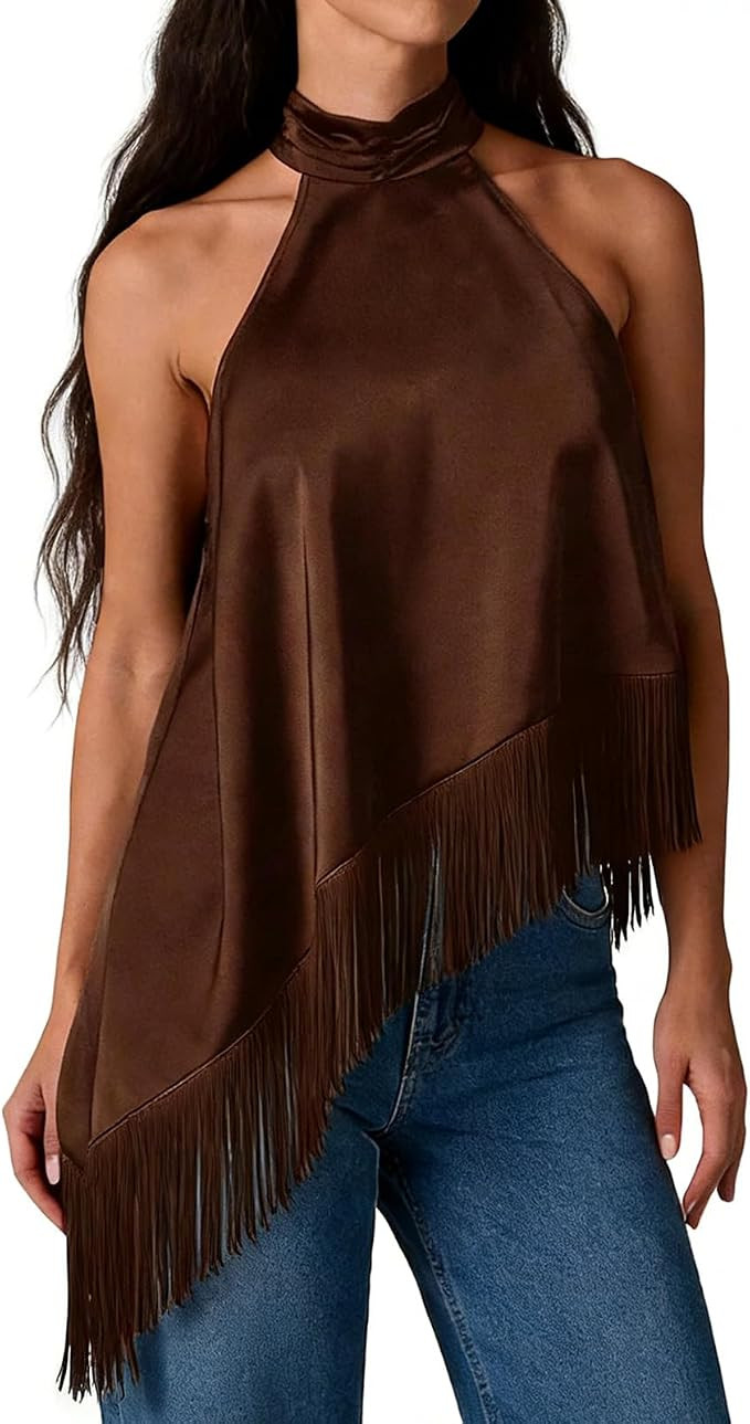 Women Fringe Satin Top Tassel Hem Sleeveless Asymmetrical Flowing Vintage Casual Halter Top Silk ... | Amazon (US)
