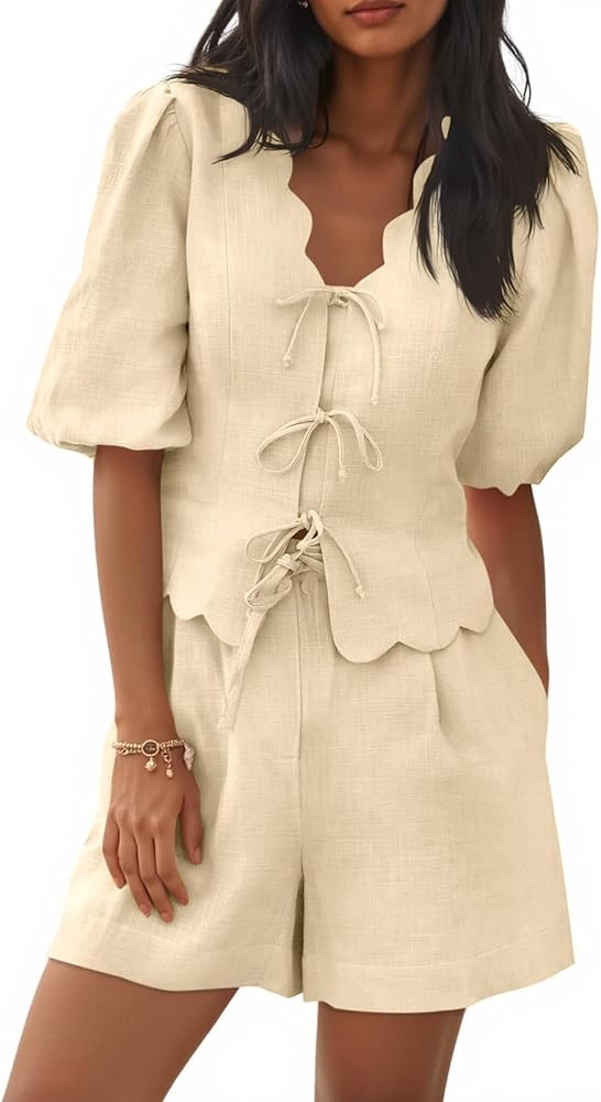 Cicy Bell Womens Summer 2 Piece Short Sets Puff Short Sleeve V Neck Bow Tie Front Tops Wide Leg S... | Amazon (US)