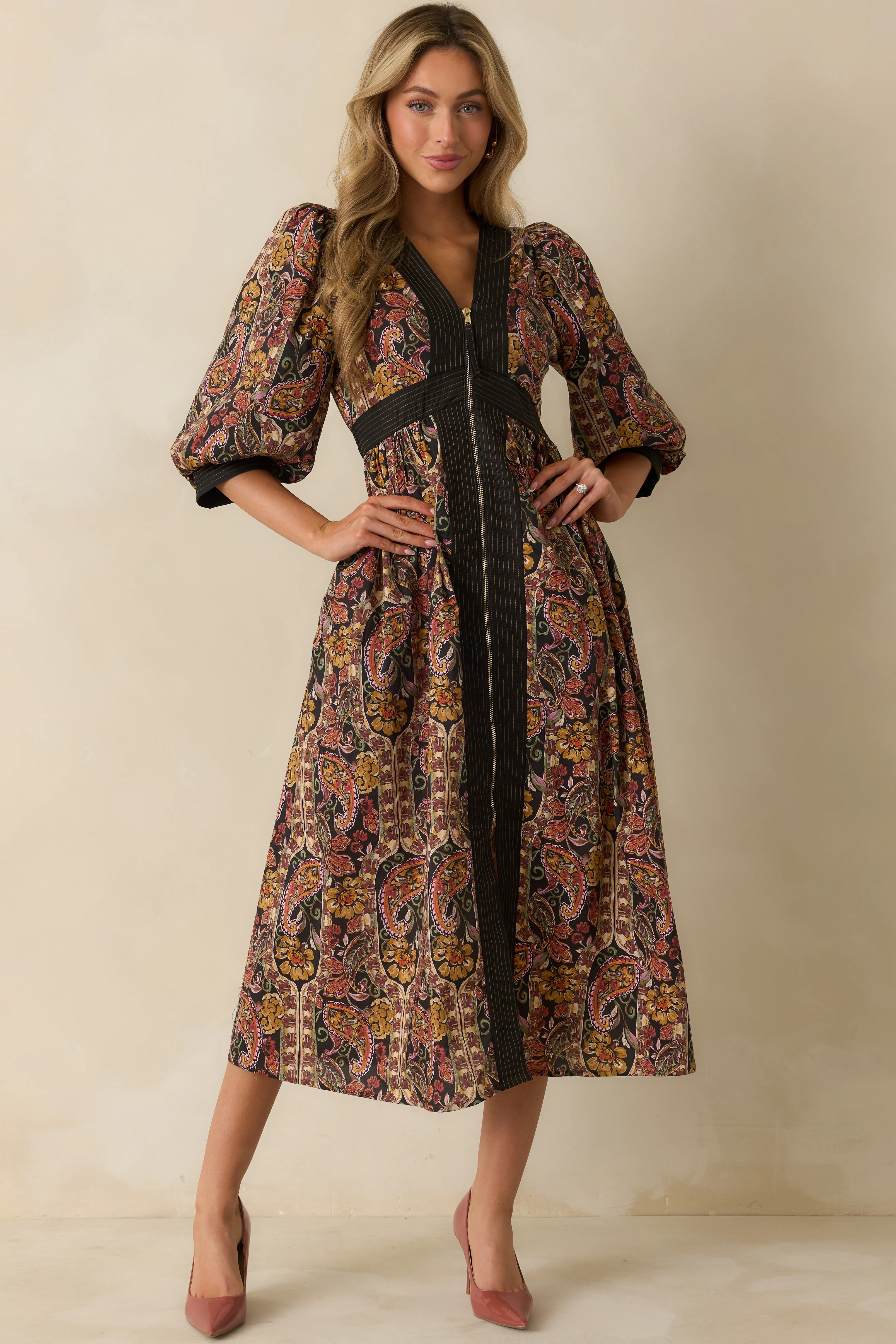 Garden at Dusk Black Multi Floral Paisley Print Cotton Zip Up Maxi Dress | Red Dress