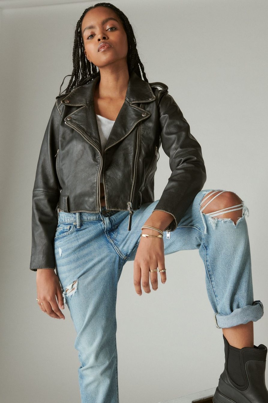 CROPPED DISTRESSED LEATHER MOTO JACKET | Lucky Brand