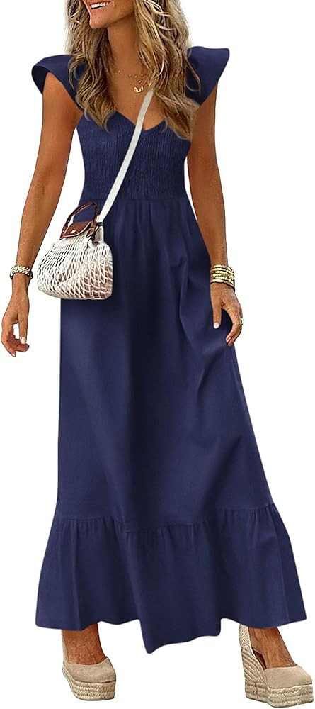 PRETTYGARDEN Women's 2026 Summer Casual Maxi Dresses Cap Sleeve V Neck Smocked Long Pockets Party... | Amazon (US)