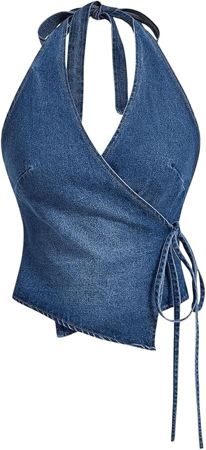 SHENHE Women's Halter Neck Denim Wrap Top Side Tie Backless Vintage Jean Top Shirt | Amazon (US)