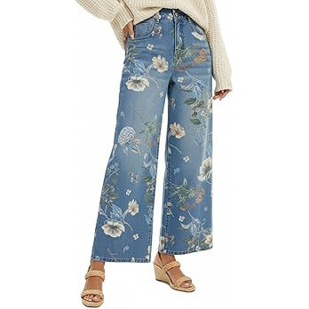 Women's High Waist Wide Leg Floral Printed Jeans Vintage Barrel Denim Pants Y2K Casual Patchwork ... | Amazon (US)