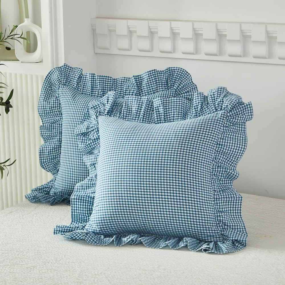 Lemfux Blue Euro Pillow Shams Ruffle Checked Gingham Pillowcases Shabby Chic Pillow Cases Cotton ... | Amazon (US)