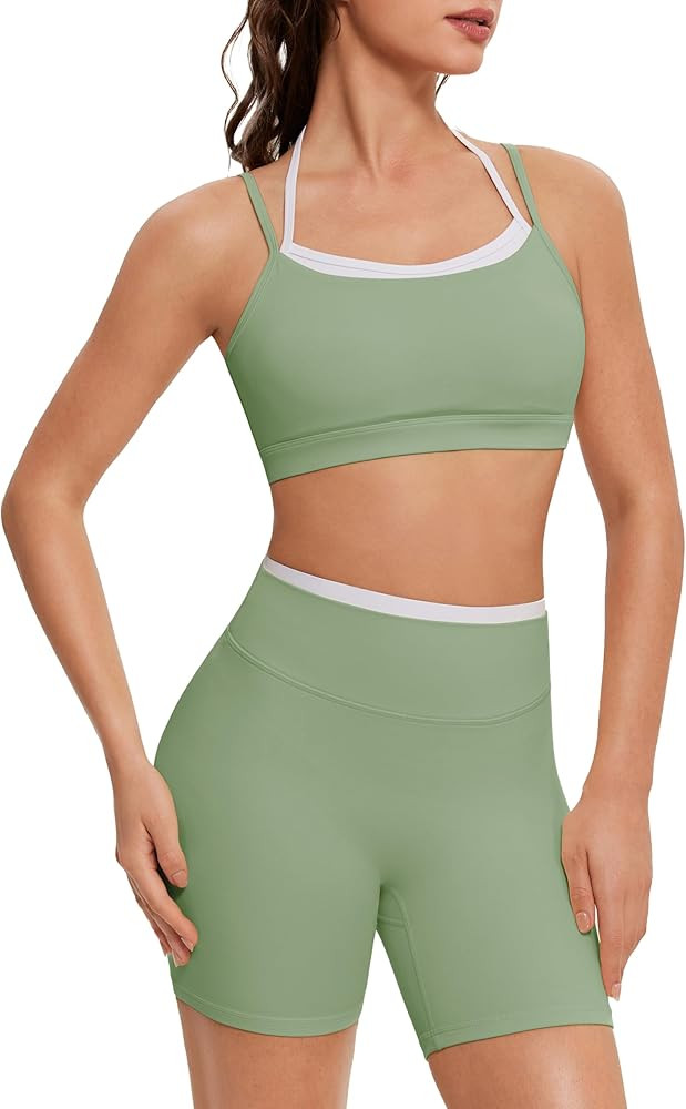 OMKAGI Workout Sets for Women Cute Doubel Layer Open Back Sports Bras Gym Shorts Outfits | Amazon (US)