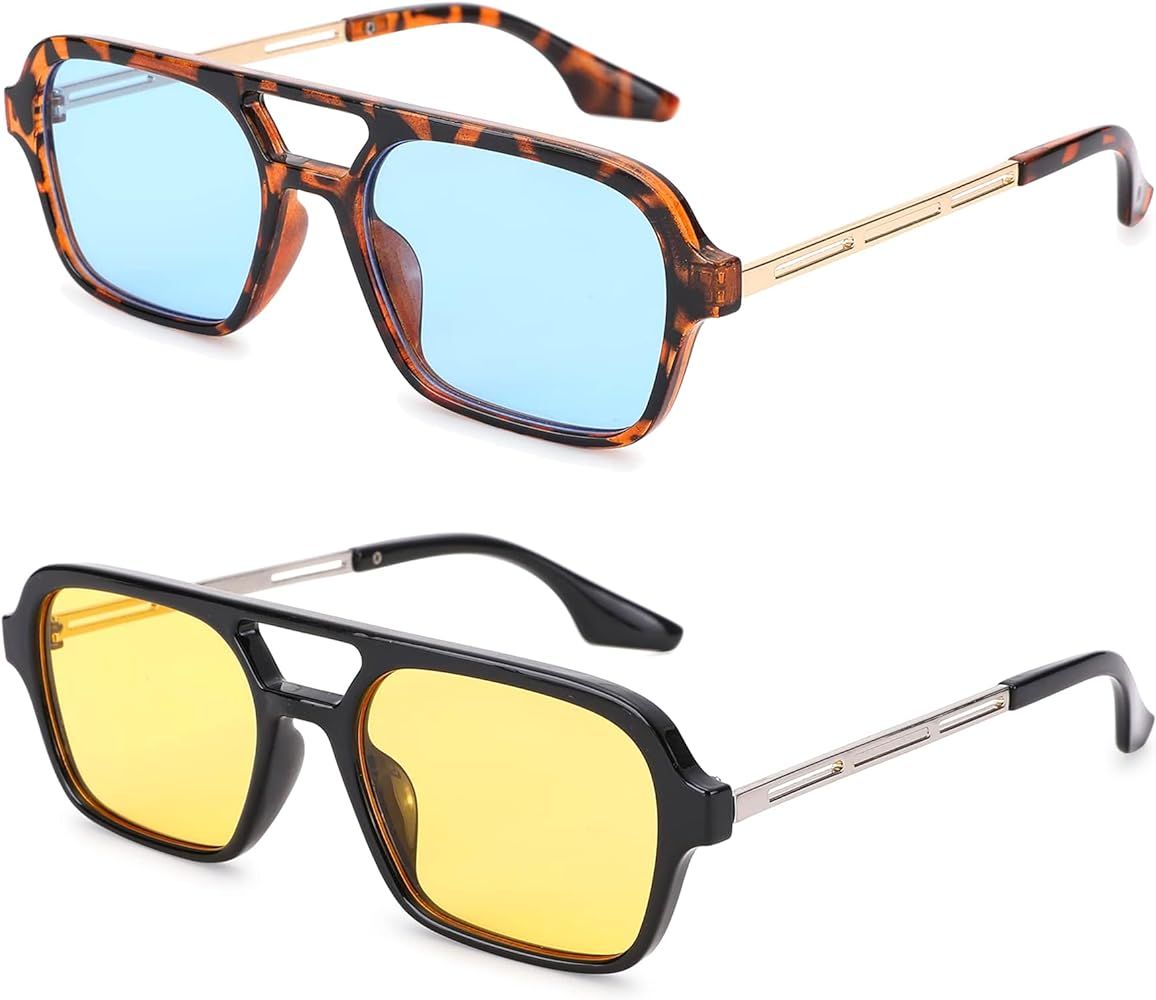 Hycredi Retro 70s Flat Aviator Sunglasses Trendy Vintage Square Glasses for Women Men Metal Desig... | Amazon (US)