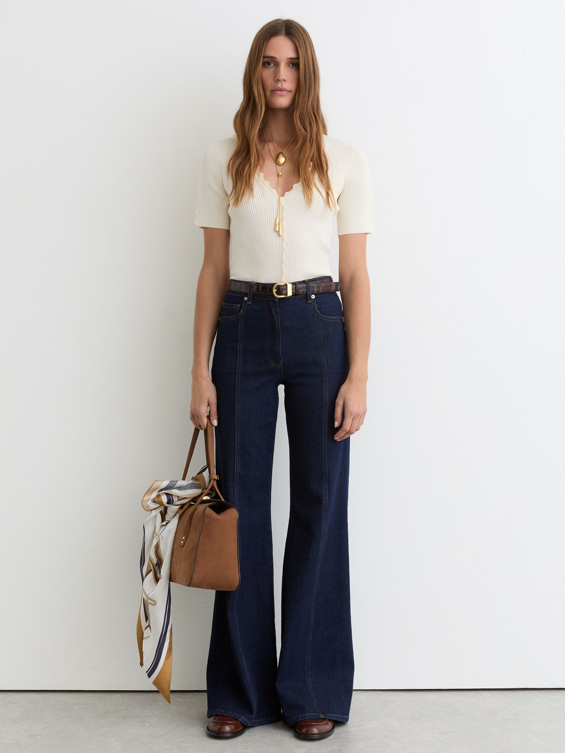 Reiss Scallop-Trim Rib-Knit Top in Ivory | REISS | Reiss US