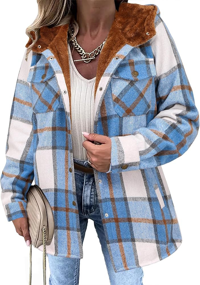 Zeagoo Womens Plaid Shacket Jacket Long Sleeve Fleece Hooded Jackets Fall Winter Warm Coat S-2XL | Amazon (US)